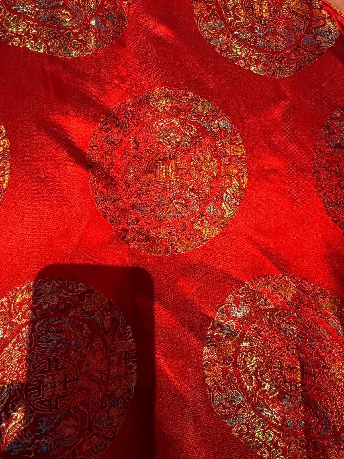 Vintage Double Peach 100% Silk Chinese Brocade Kimono Robe Dressing Gown Red Gol — photo 6