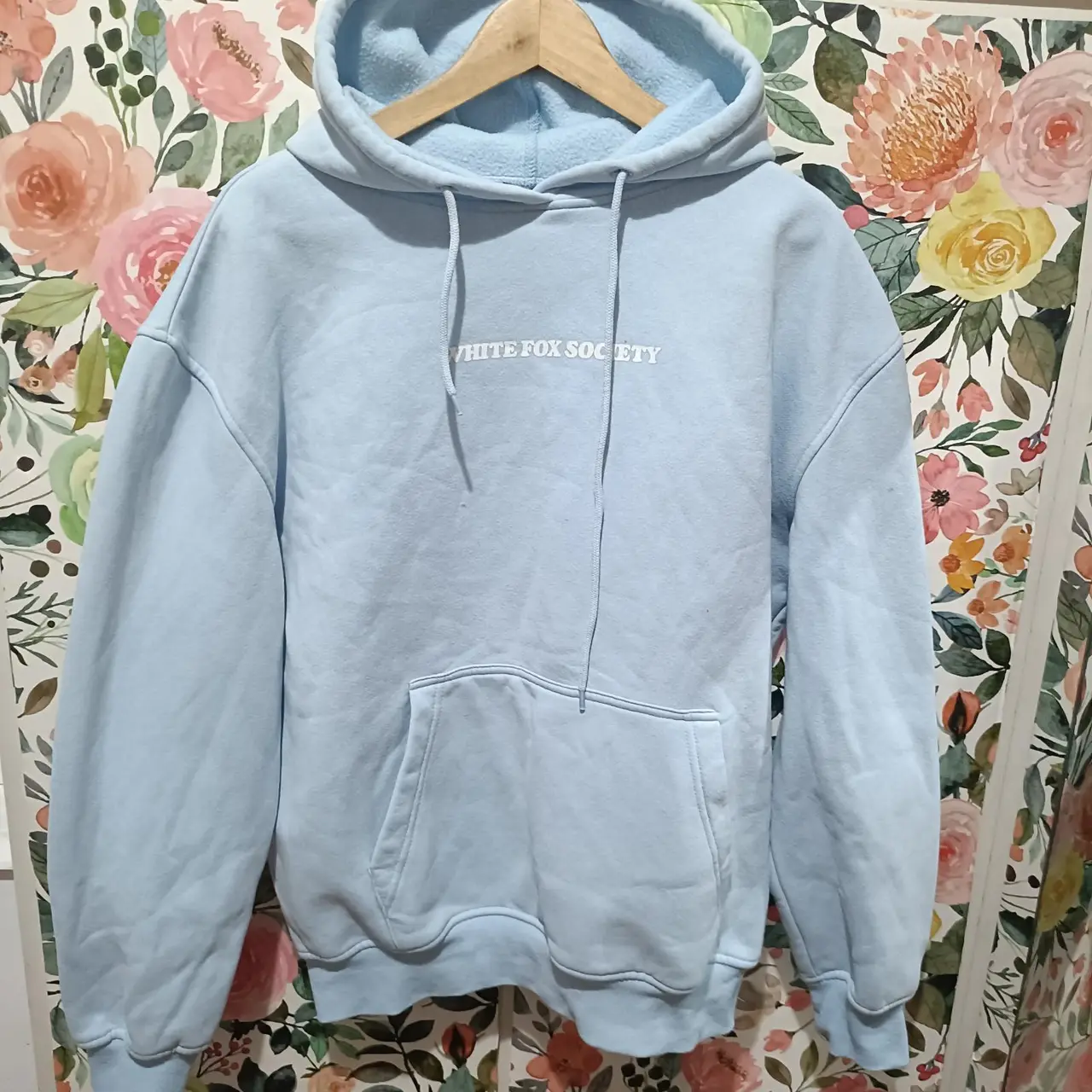 White Fox Society Blue Pullover Hoodie Fleece Cotton Logo Size S/M Pastel Jumper – photo 2