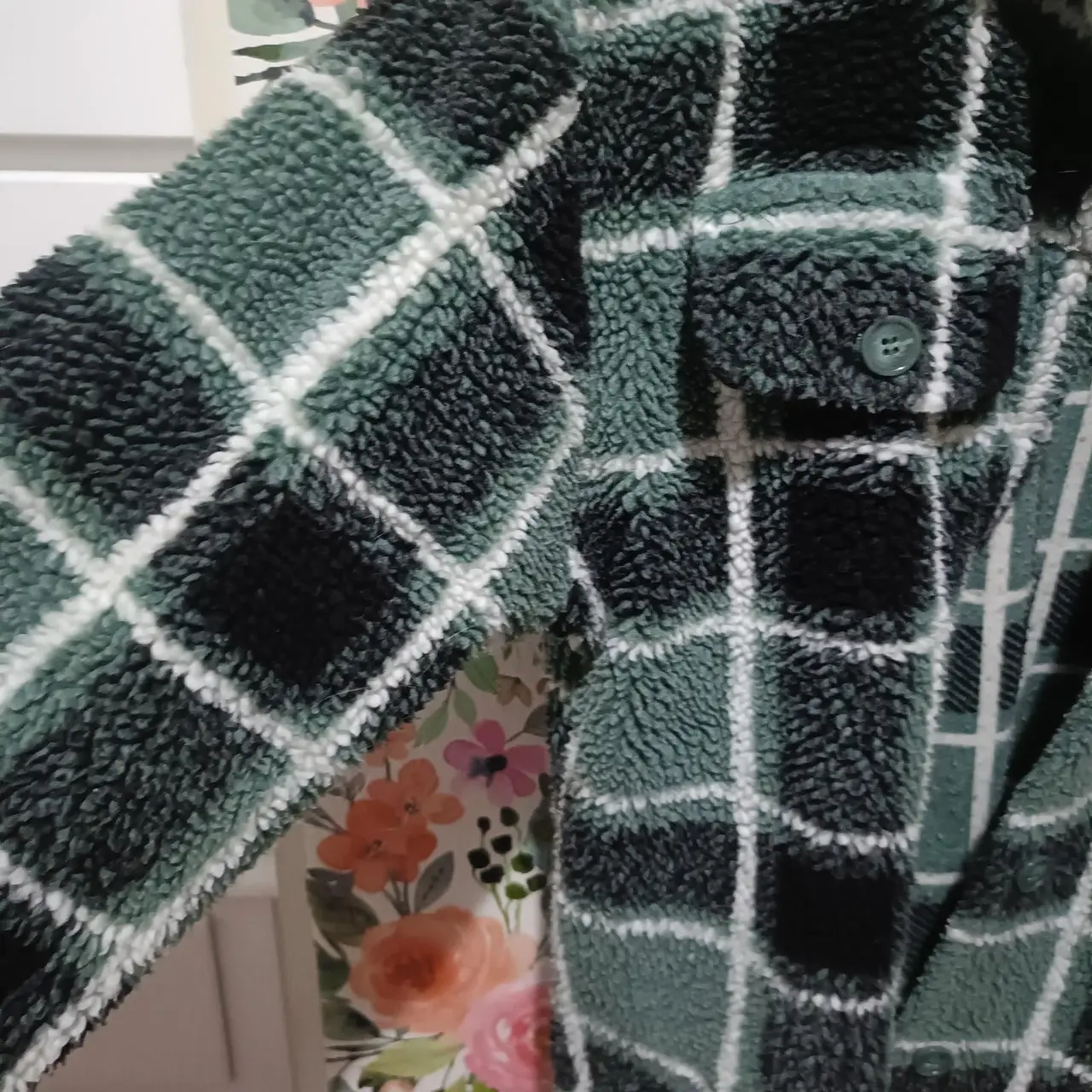 Factorie Check Shacket M Green Cream Pockets Button up Sherpa Teddy Jacket – photo 3