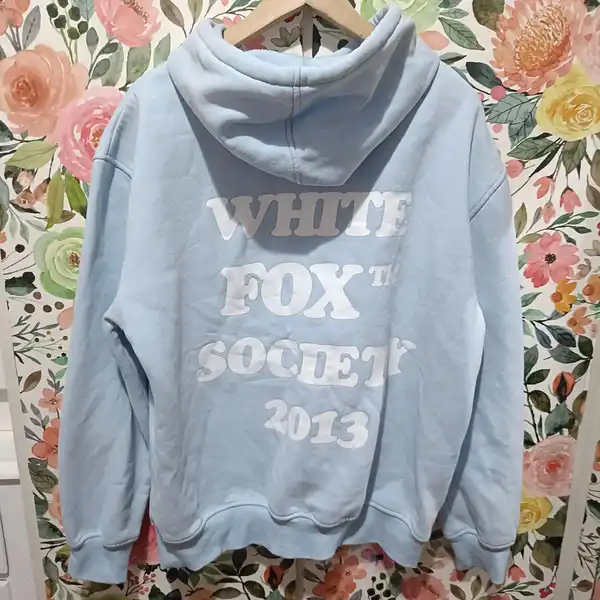 White Fox Society Blue Pullover Hoodie Fleece Cotton Logo Size S/M Pastel Jumper