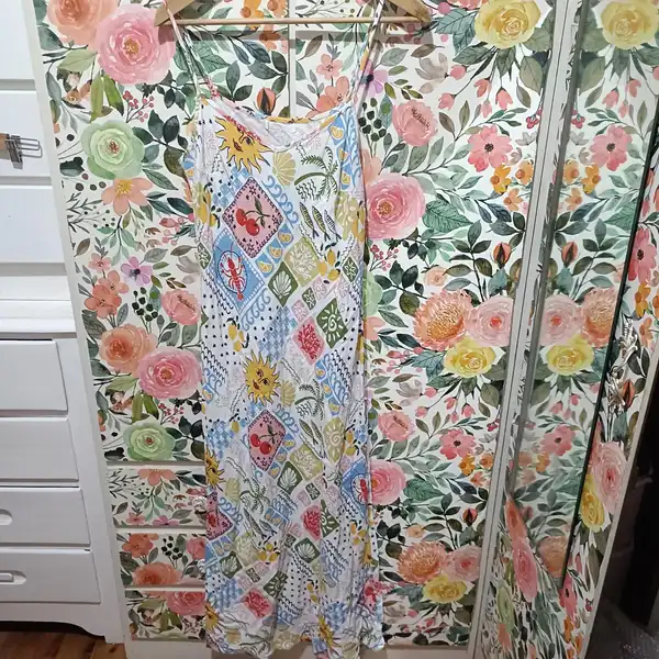 Ally M Abstract Loud Print Italy Dress Maxi Linen Blend Sun Cherry Lobster