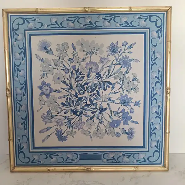Framed Jim Thompson Vintage 100% Silk 42cm Square Scarf Floral Art Delft Blue