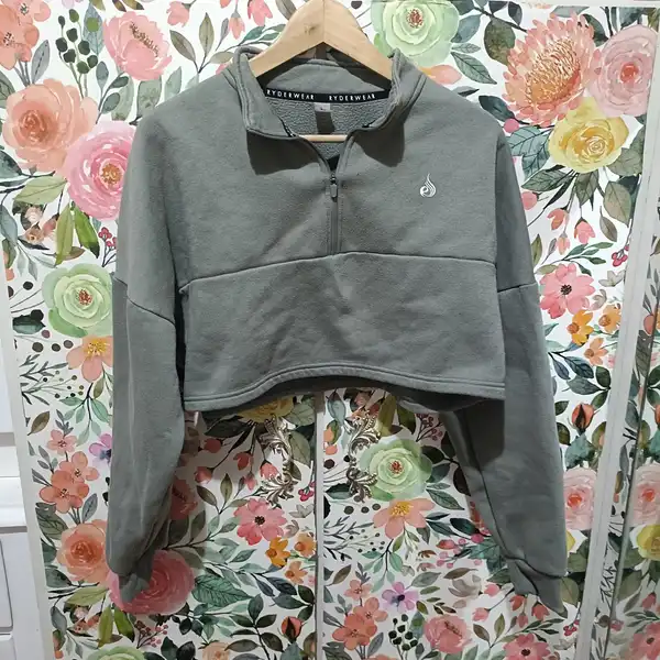 Ryderwear Khaki Cropped Crew Neck Long Sleeve Zip Sweatshirt Size L