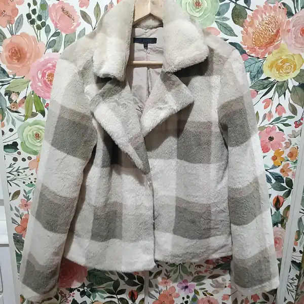 Ava & Ever Shacket Jacket 14 Faux Fur Teddy Coat Collared Pockets Checkered