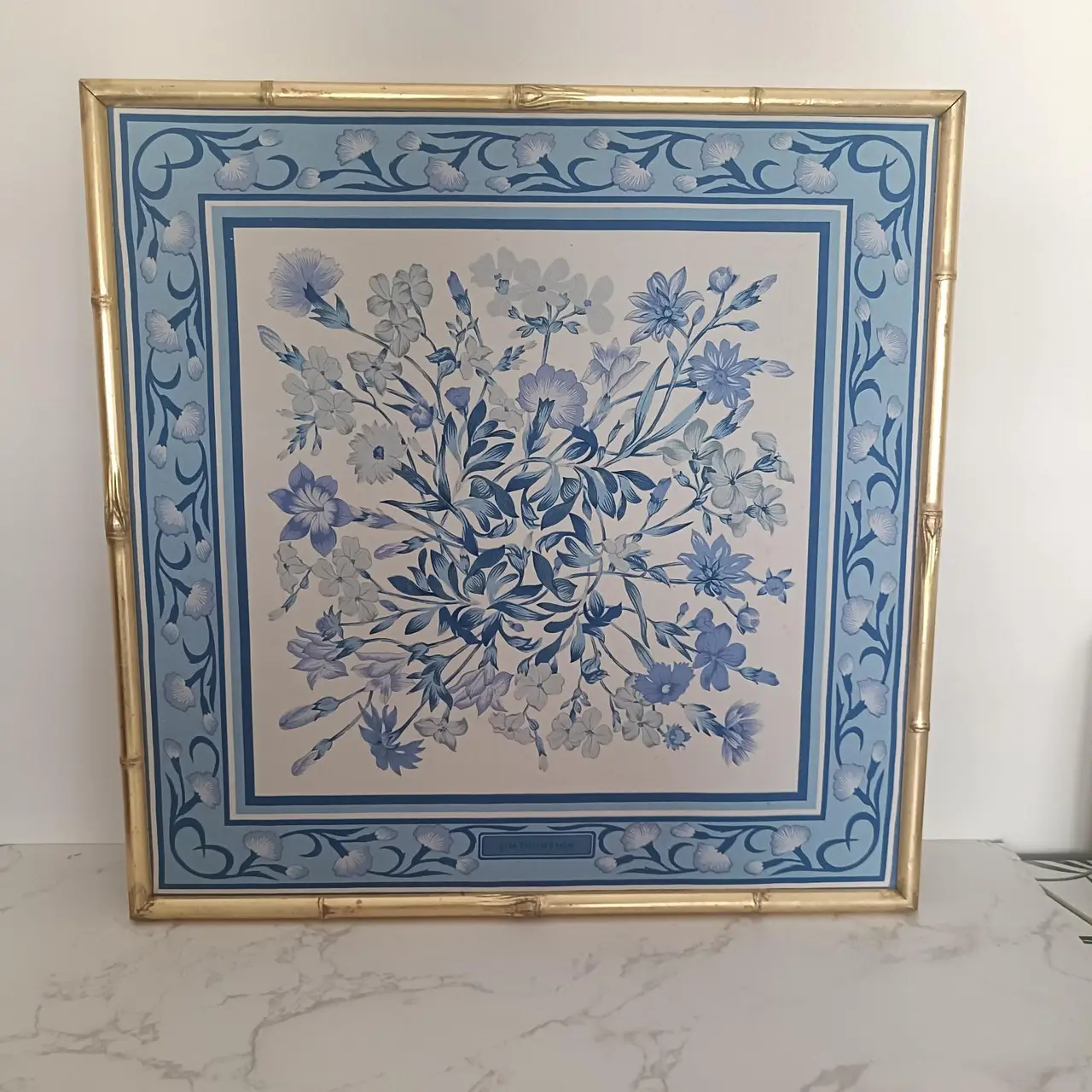 Framed Jim Thompson Vintage 100% Silk 42cm Square Scarf Floral Art Delft Blue – photo 5