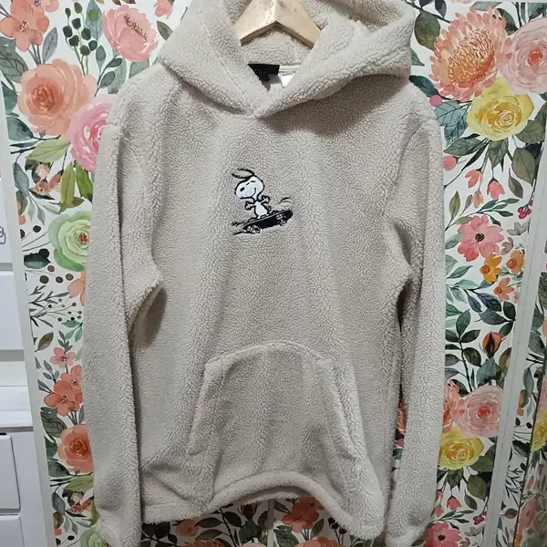 H&M Peanuts Snoopy Sherpa Teddy Fleece Sweatshirt Hoodie Mens M Embroidered