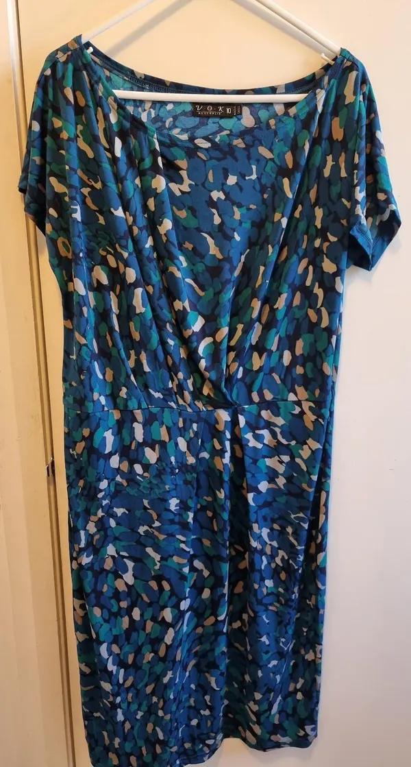 Blue, green and beige pattern midi dressBlue, green and beige pattern midi dress