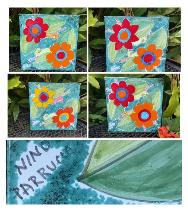 4 DIFFERENT HAND PAINTED CERAMIC TILES BY ITALIAN ARTIST NICO PARUCCI/LIKE NEW
