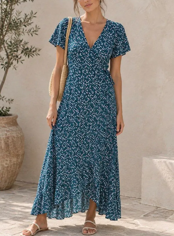 Ava Ditsy Floral V-Neck Midi Dress - Size 10