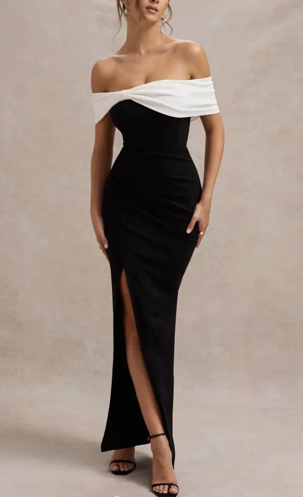 Club L London ‘Eva’ Black & White Bow Maxi Dress - Size 10