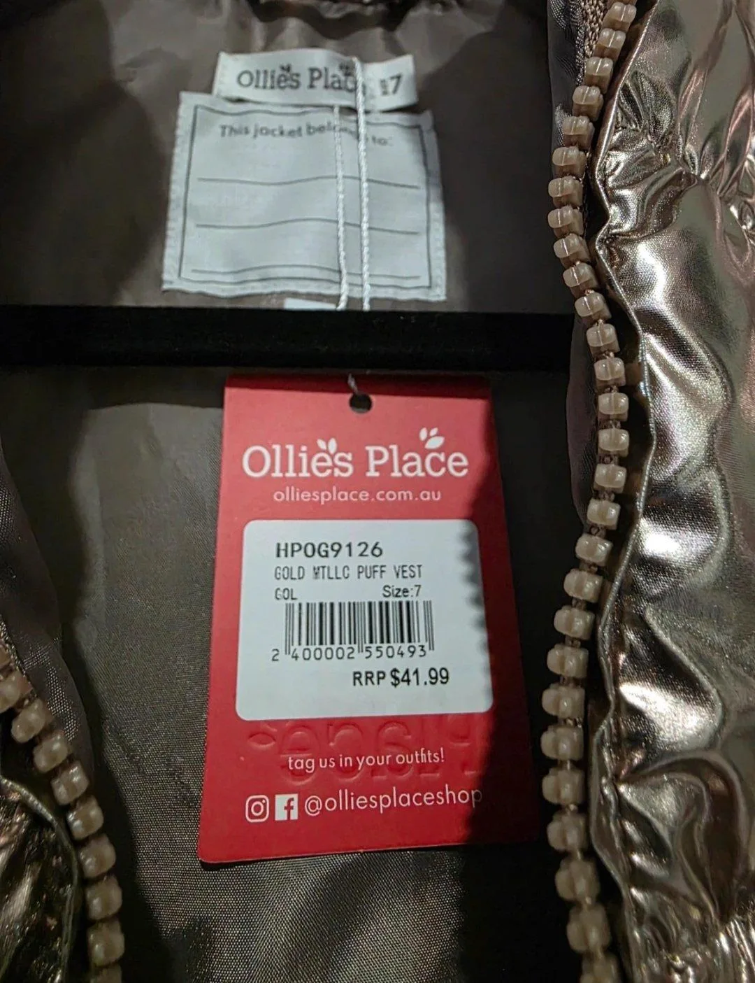 Ollie's Place Gold Metallic Puffer Vest Jacket - Size 7 — photo 3