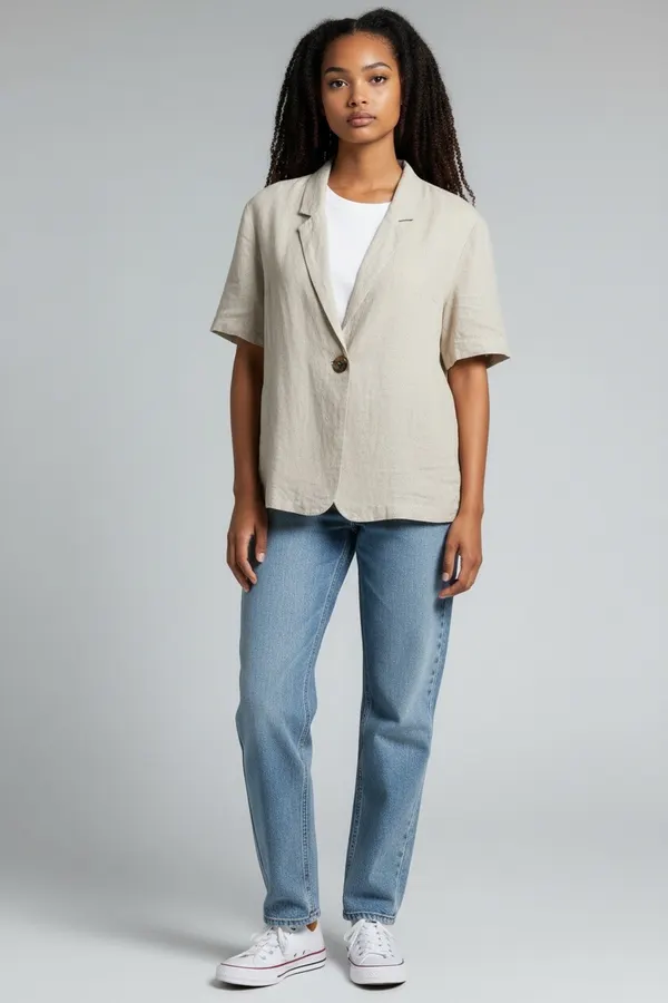 St Frock Linen Blend Short Sleeve Blazer Top - Size 12
