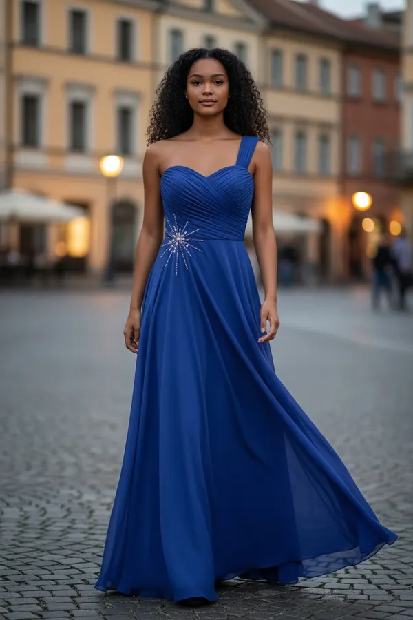 Ever Pretty One-Shoulder Blue Evening Dress with Embellishments