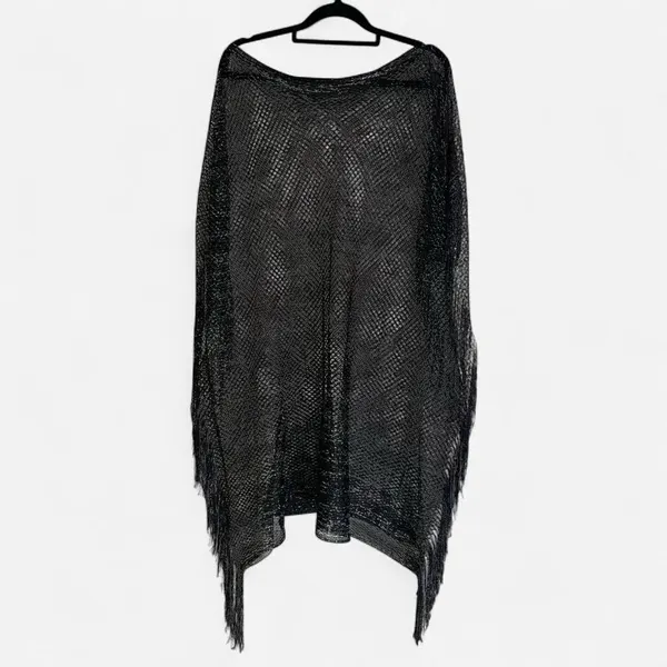Cruise Club Black and silver metallic mesh poncho with fringe