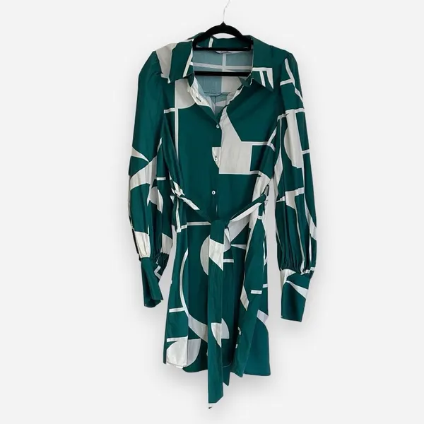 Green and Cream abstract geometric print long sleeve shirt dress with tie waist