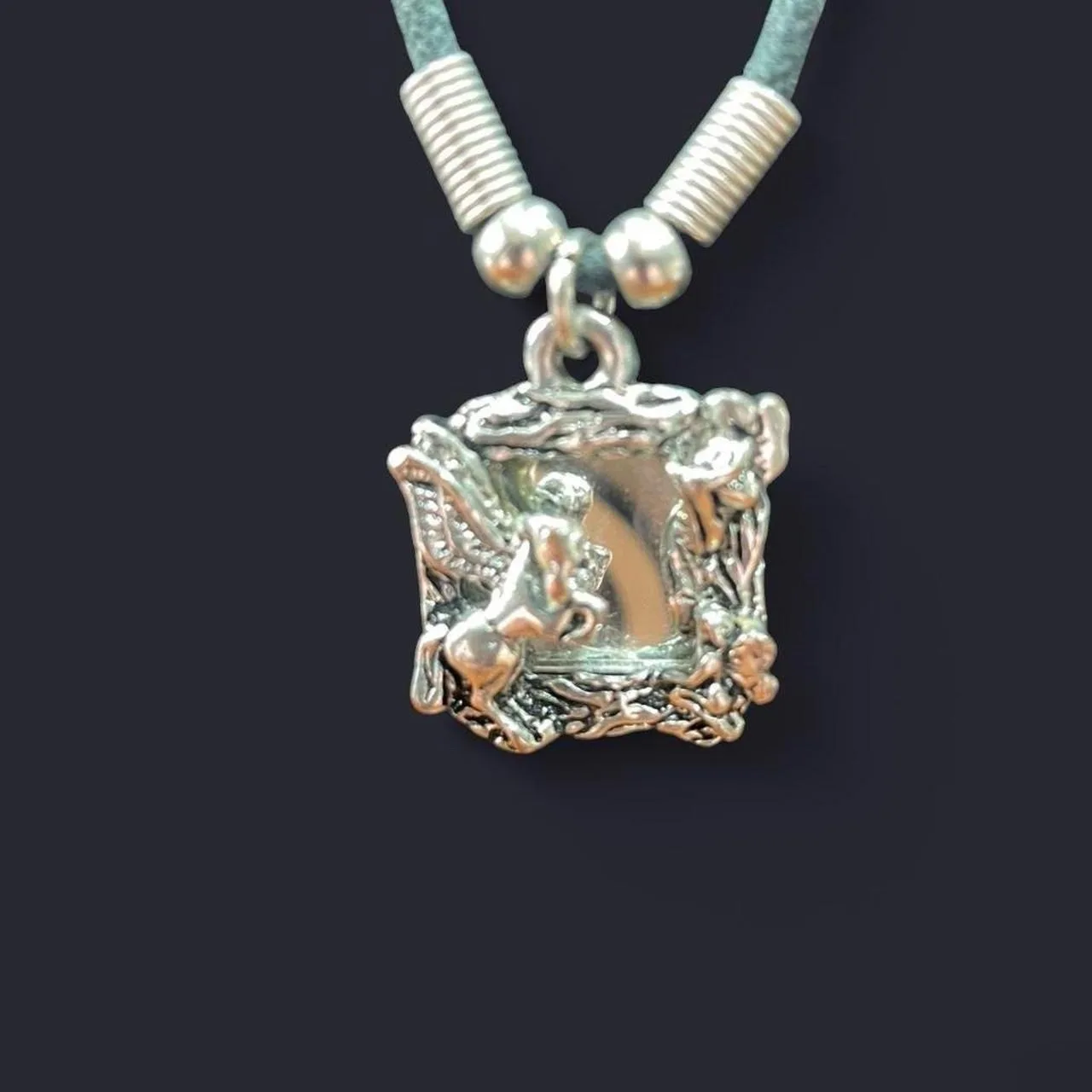 Vintage Silver toned  Pegasus themed mirror pendant on a black cord – photo 2