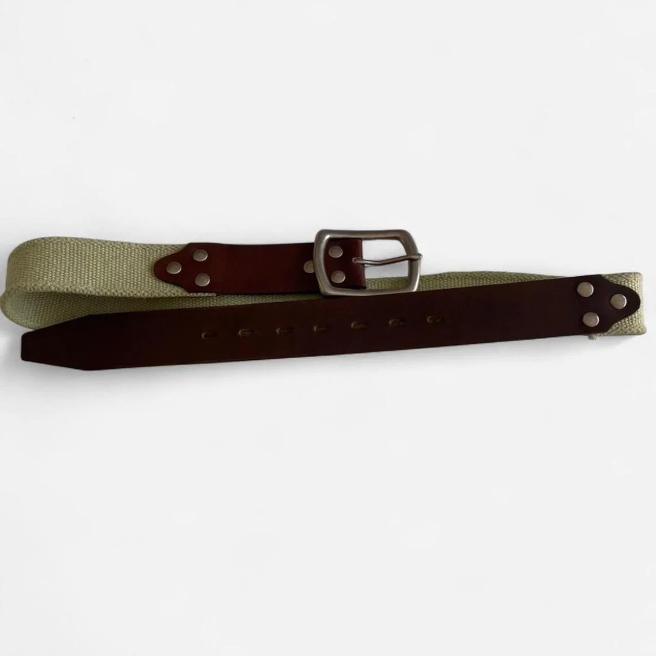Vintage UNISEX Khaki canvas and leather belt – photo 3