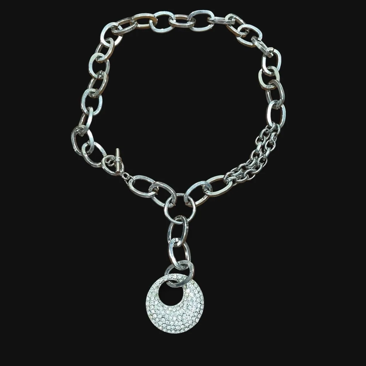 Y2K Silver toned chain necklace with rhinestone pendant – photo 3