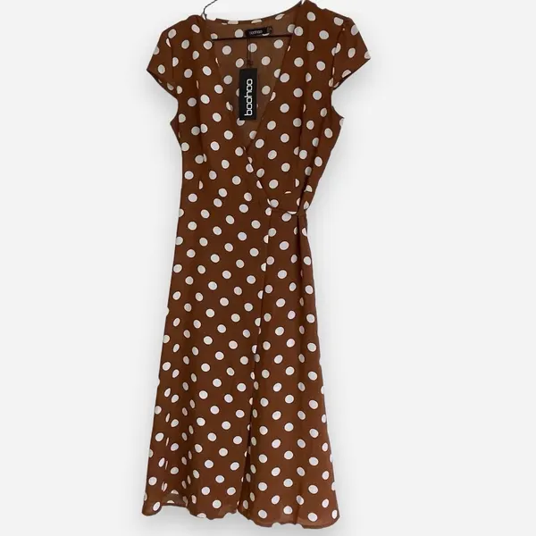 Boohoo Brown/Terracotta Polka Dot Wrap Midi Dress size 10