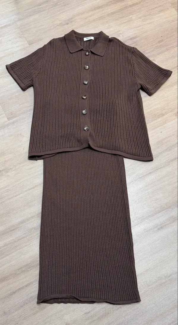 Showpo Two Piece Knit Co-ord - Chocolate Brown Midi Skirt + Button Size 12