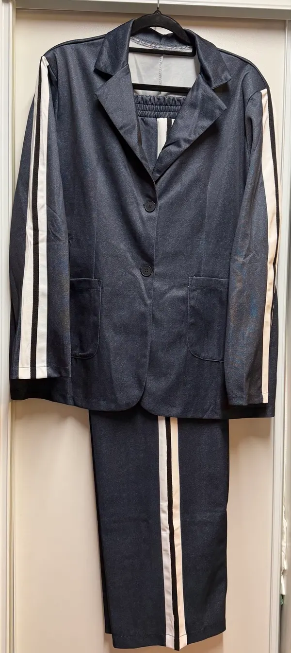 Streetwear Chic Dark Blue Side Stripe Pant Set Size L