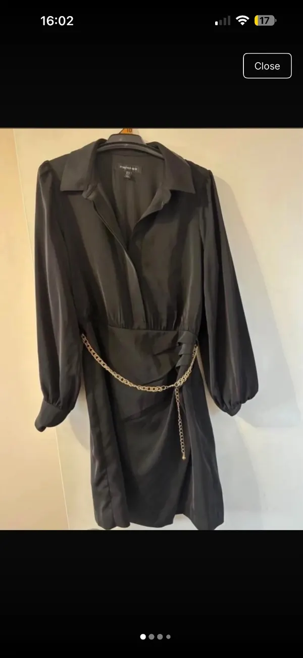 Long sleeve black dress with gold chain