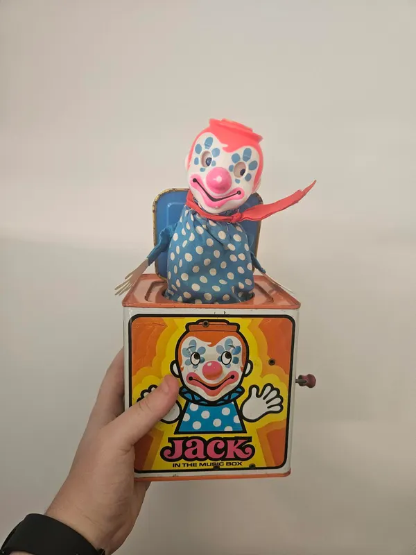 Vintage 1971 Mattel Jack n the Box Clown Tin Litho Music Box Metal Retro Display