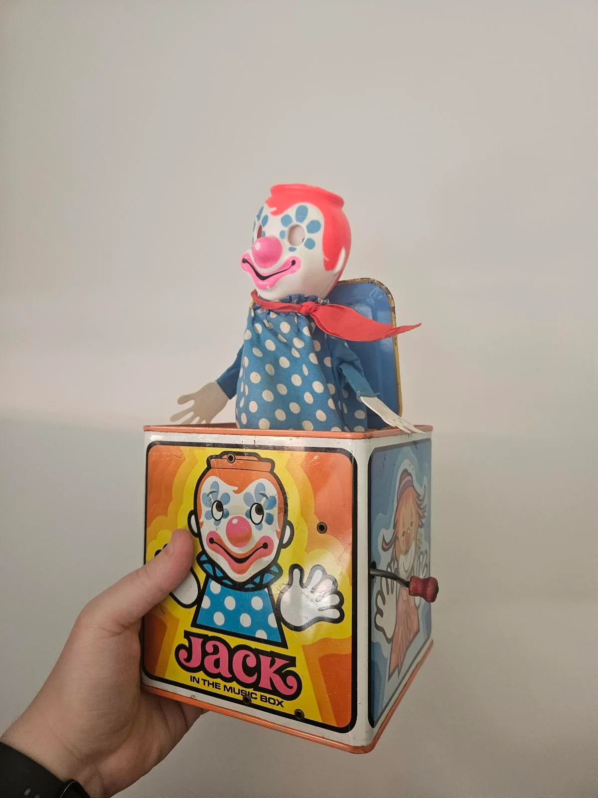 Vintage 1971 Mattel Jack n the Box Clown Tin Litho Music Box Metal Retro Display – photo 3