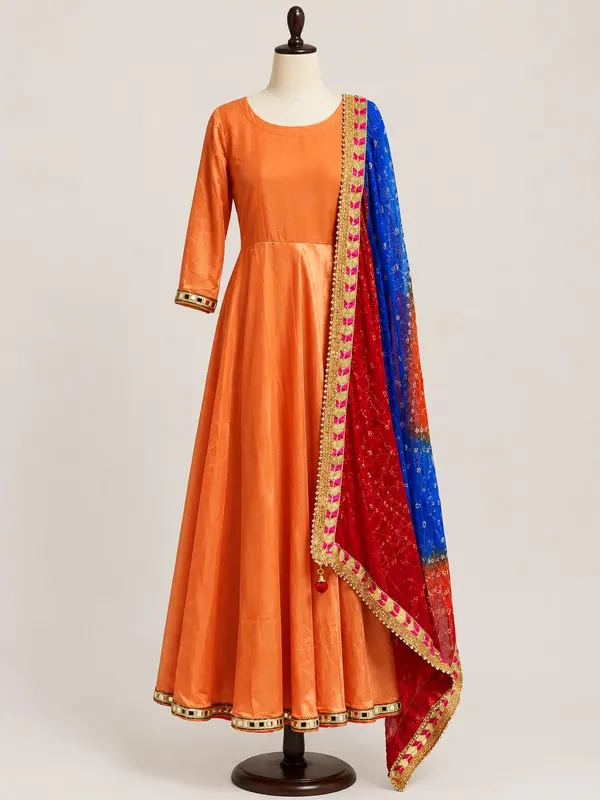 Peach Anarkali Dress with Bandhej Dupatta