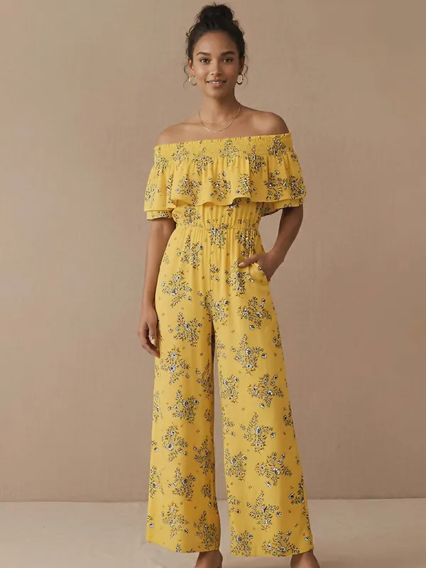 Seed Heritage Yellow Floral Jumpsuit Women's Size 6 Off Shoulder Wide Leg