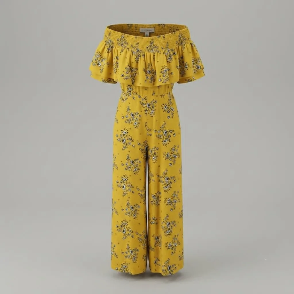Seed Heritage Yellow Floral Jumpsuit Women's Size 6 Off Shoulder Wide Leg — photo 2