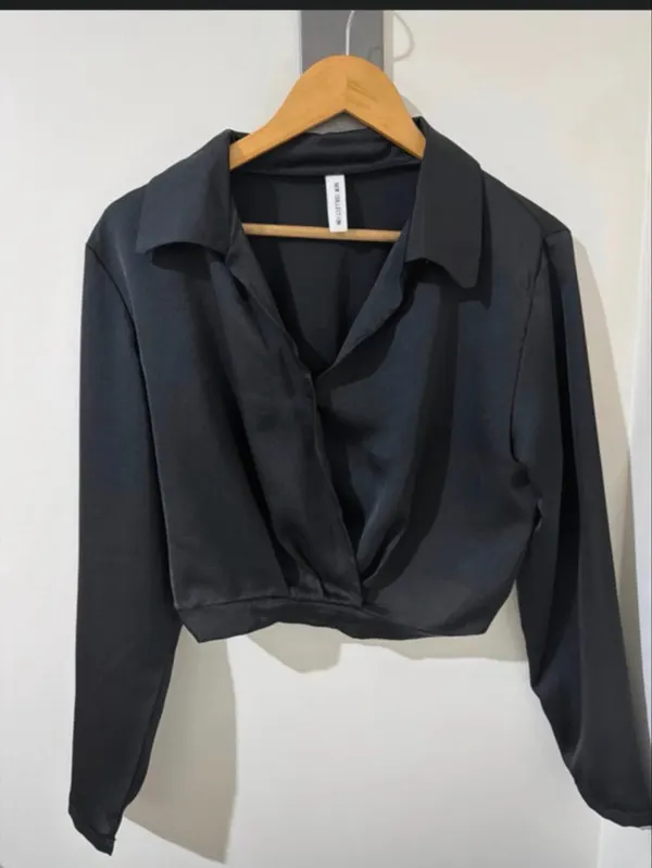 Black Satin Cropped Long Sleeve Shirt / Top