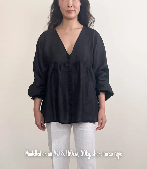 AERE Women's Black Linen V-Neck Balloon Sleeve Top - AU 6