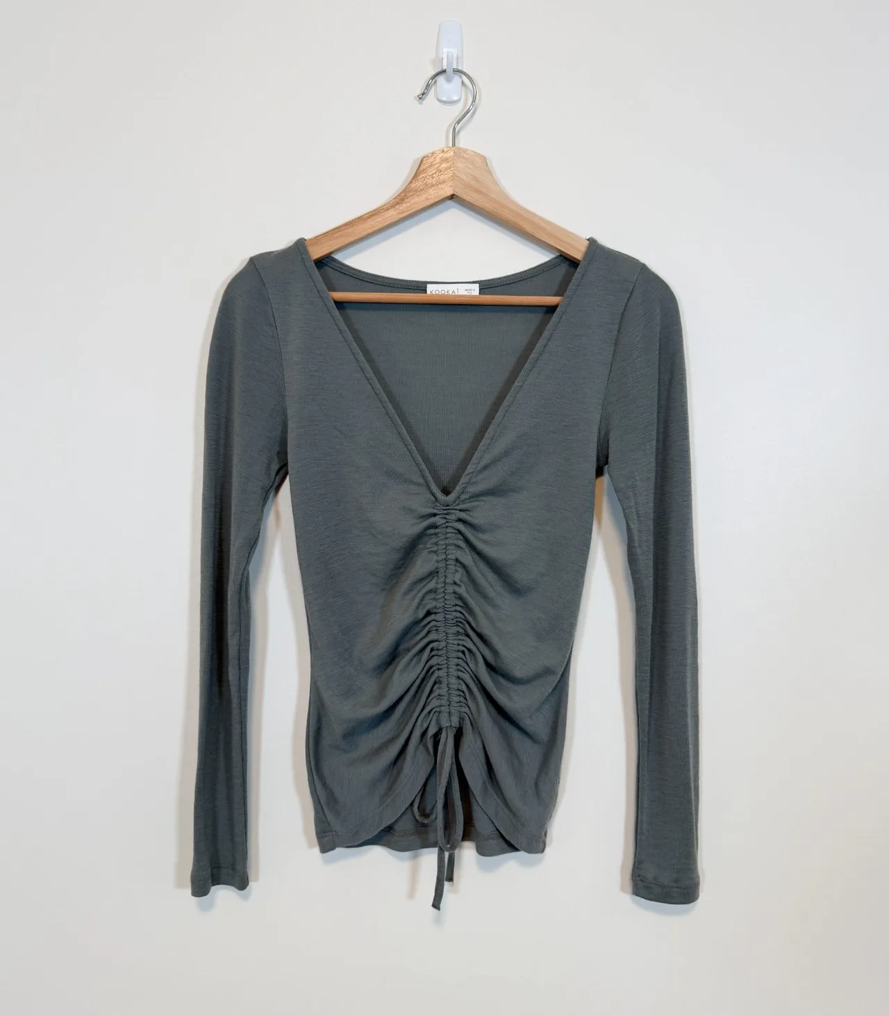 Kookaï Sage Merino Wool V-Neck Ruched Top - Small — photo 3