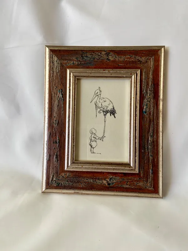 Stork and Baby from Hans Andersen Fairy Tales Vintage Bookleaf 1981 in New Frame