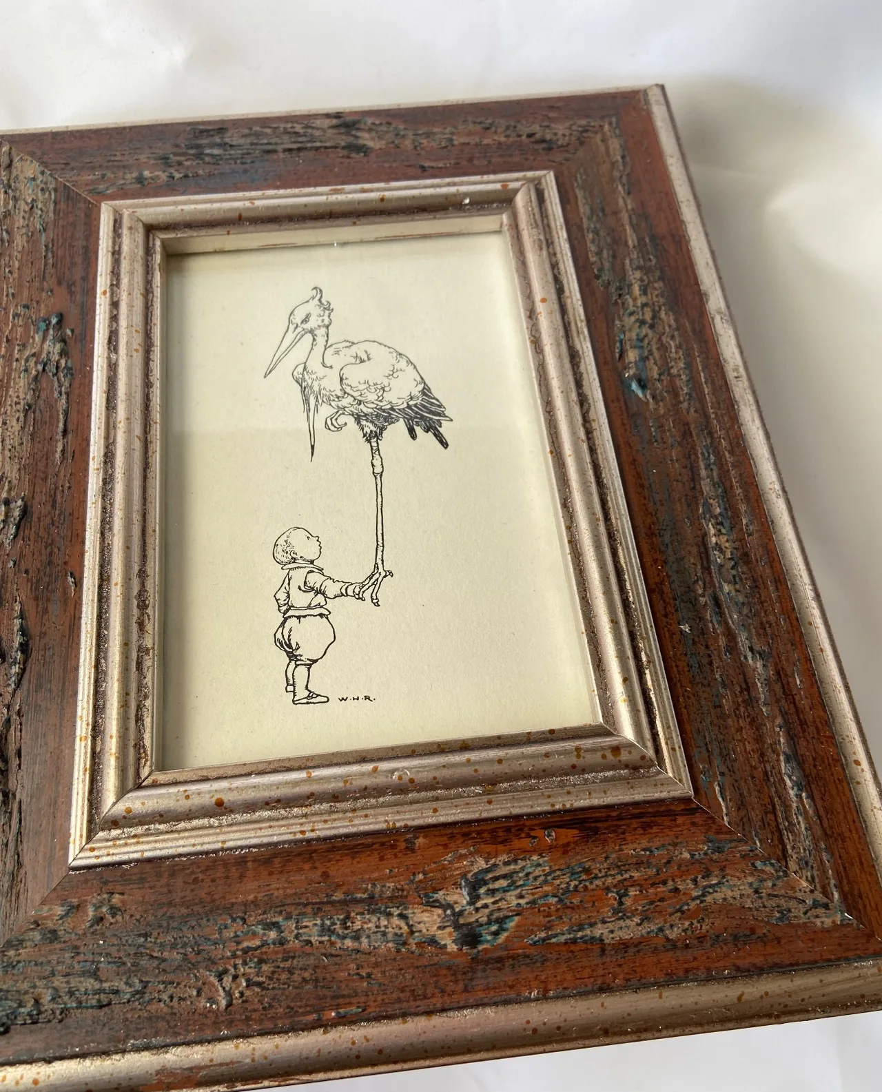 Stork and Baby from Hans Andersen Fairy Tales Vintage Bookleaf 1981 in New Frame — photo 2