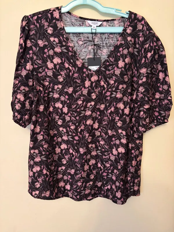 Khoko V Neck Blouse Whisper Floral Pink on Black