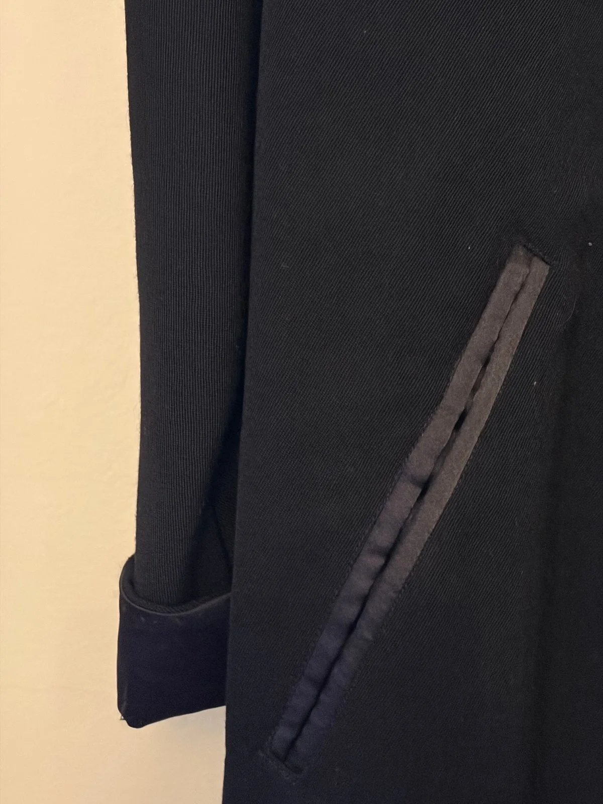 Women's Black Hand Tailored Woolen Coat with Satin Cuffs and Buttons — photo 6