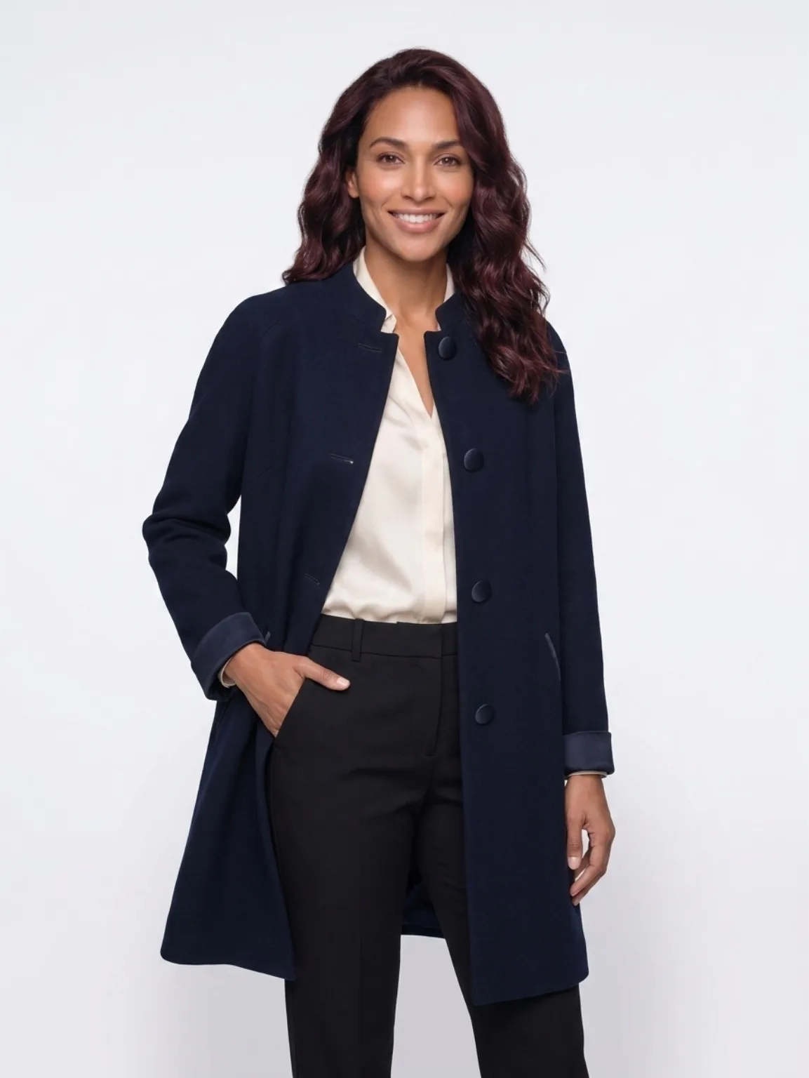 Women's Black Hand Tailored Woolen Coat with Satin Cuffs and Buttons — photo 3