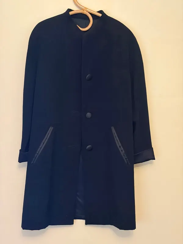 Women's Black Hand Tailored Woolen Coat with Satin Cuffs and Buttons