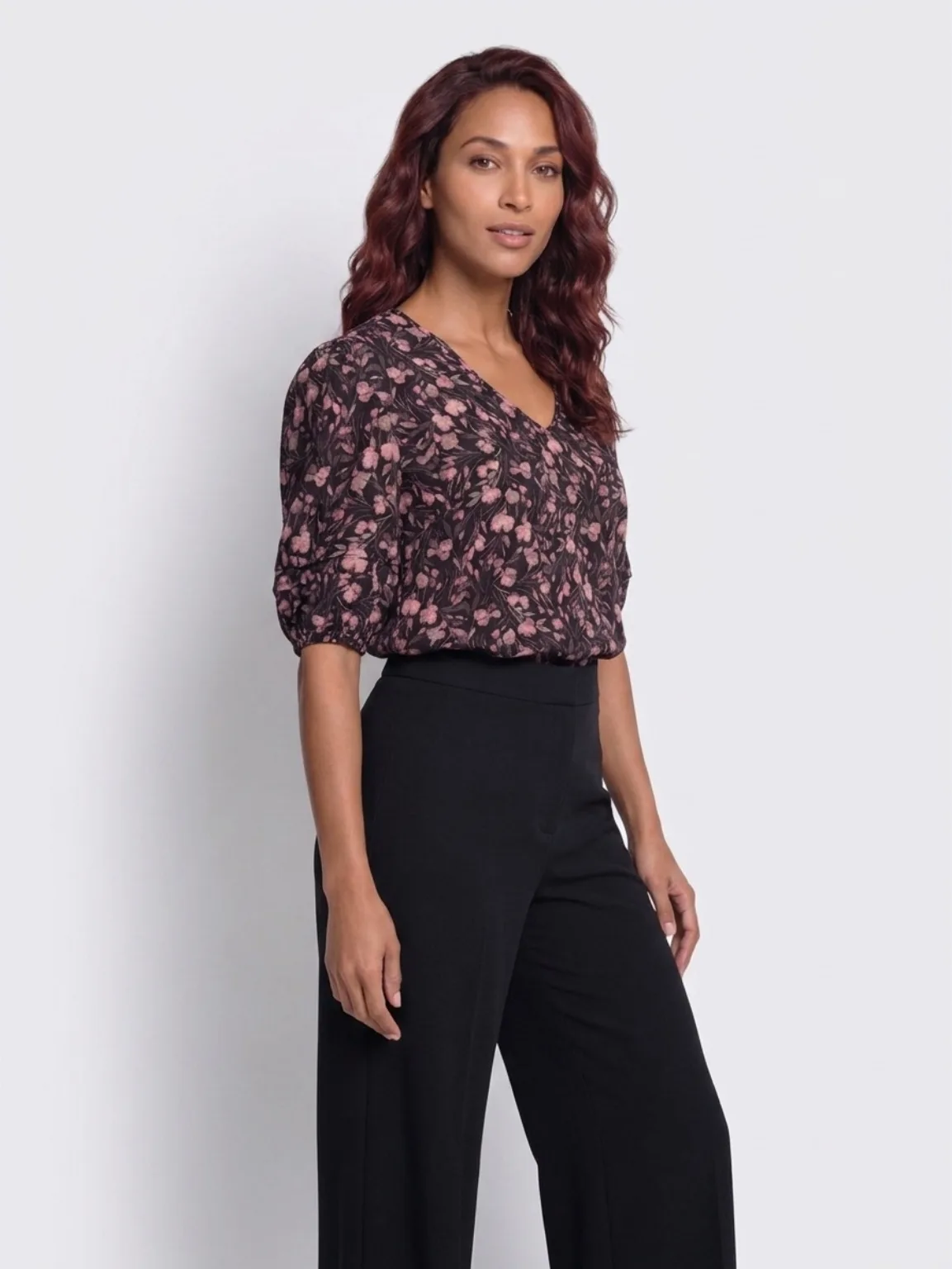 Khoko V Neck Blouse Whisper Floral Pink on Black — photo 2