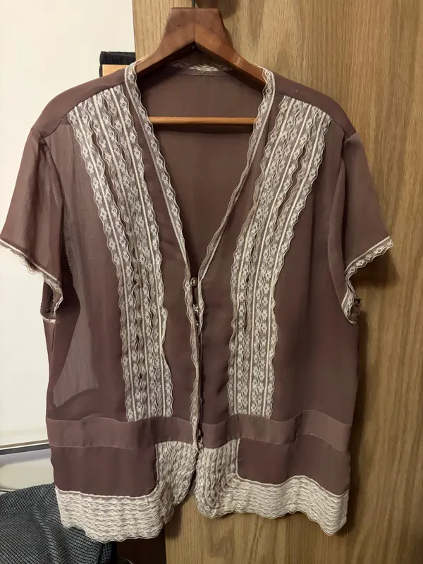 Vintage Hand Made Blouse. Light brown sheer fabric and cream lace.