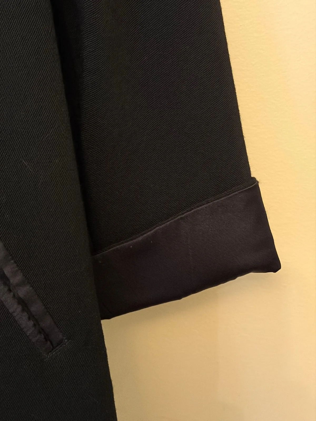 Women's Black Hand Tailored Woolen Coat with Satin Cuffs and Buttons — photo 5