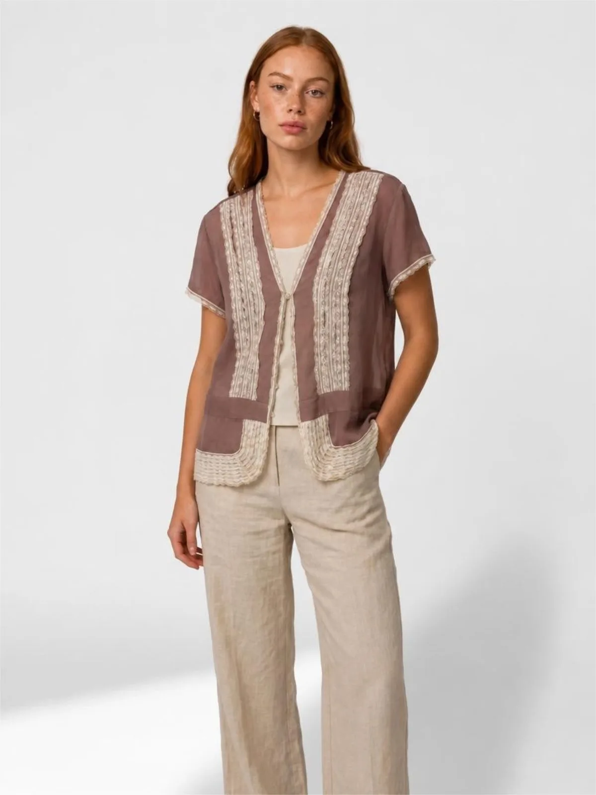 Vintage Hand Made Blouse. Light brown sheer fabric and cream lace. — photo 2