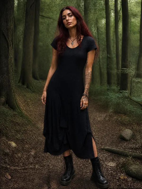 Vintage Donna Marie Black Goth Midi Dress Rayon Lycra Size L
