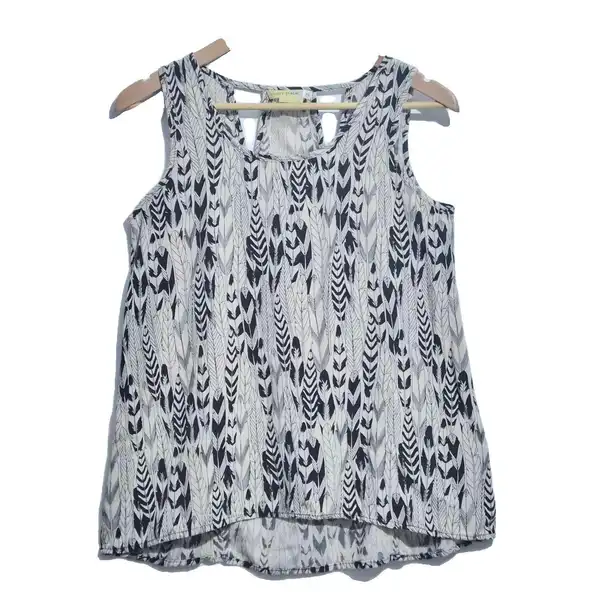 Sandy Beach XS Lightweight Feather Print Blouse Tank Top Cutout Back Boho Vibe