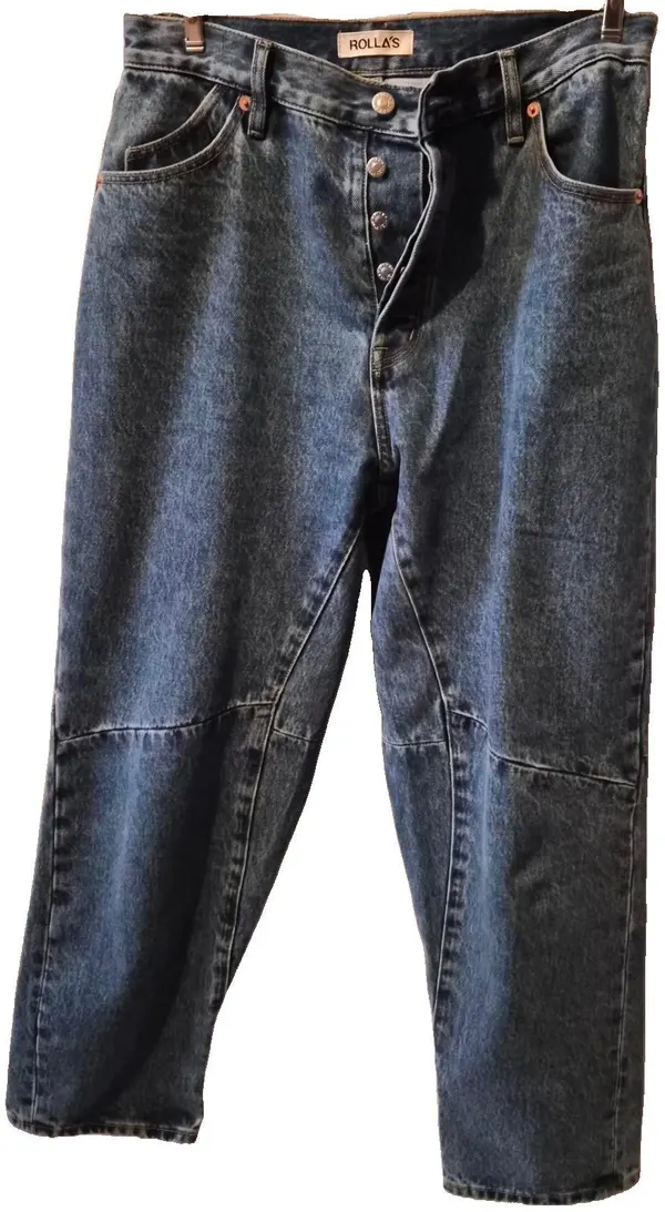 Rollas Mimi Jeans 27 9 High Waisted Tapered Barrel Leg Rigid Blue Button Fly Vtg