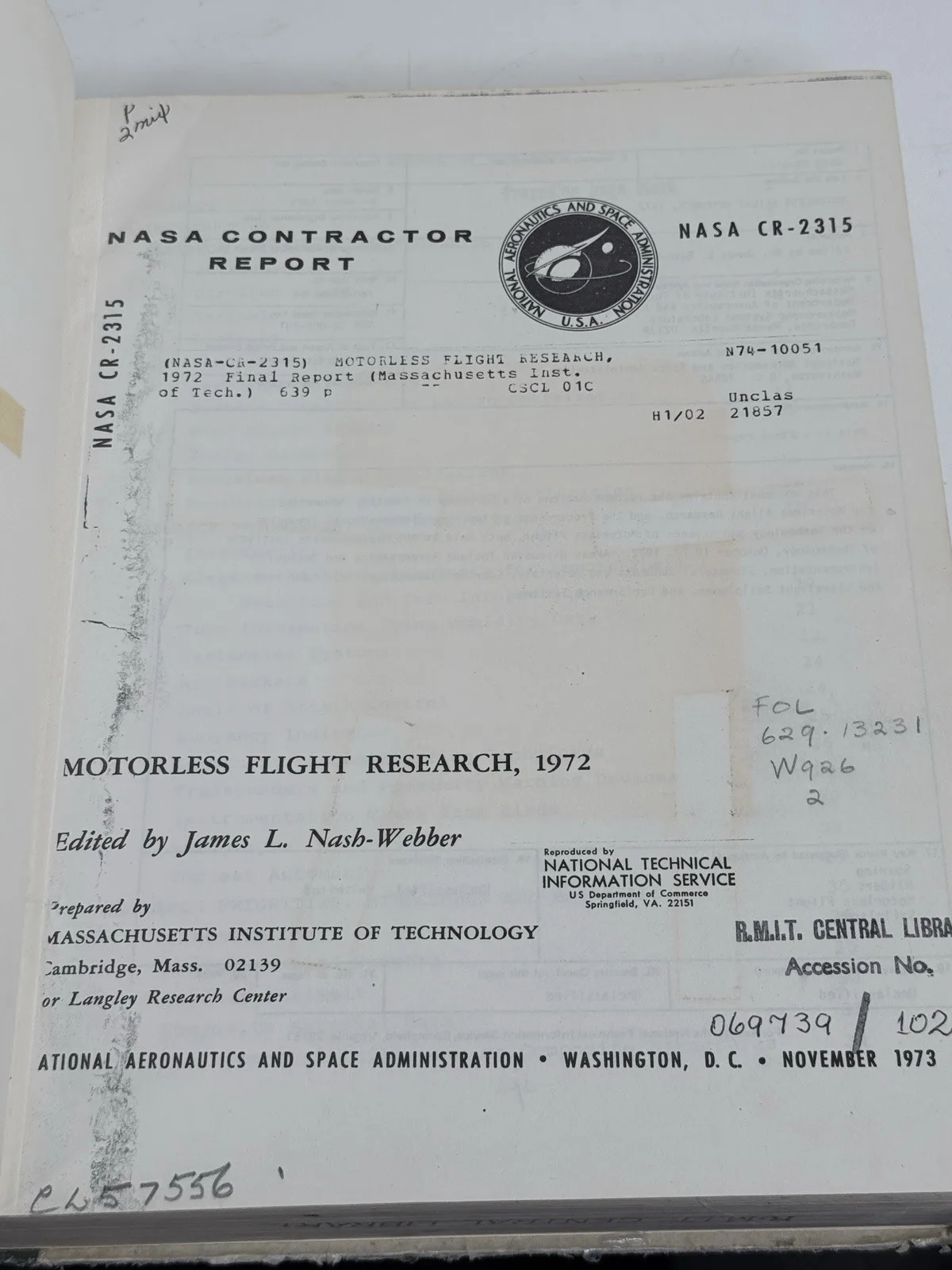 NASA Contractor Report CR-2315 Motorless Flight Research 1972 Nash-Webber HC – photo 6