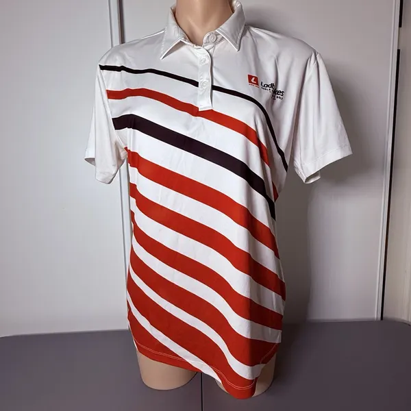 Ladbrokes World Masters Golf Womens Polo Shirt Size 14 White Red Striped Fenix