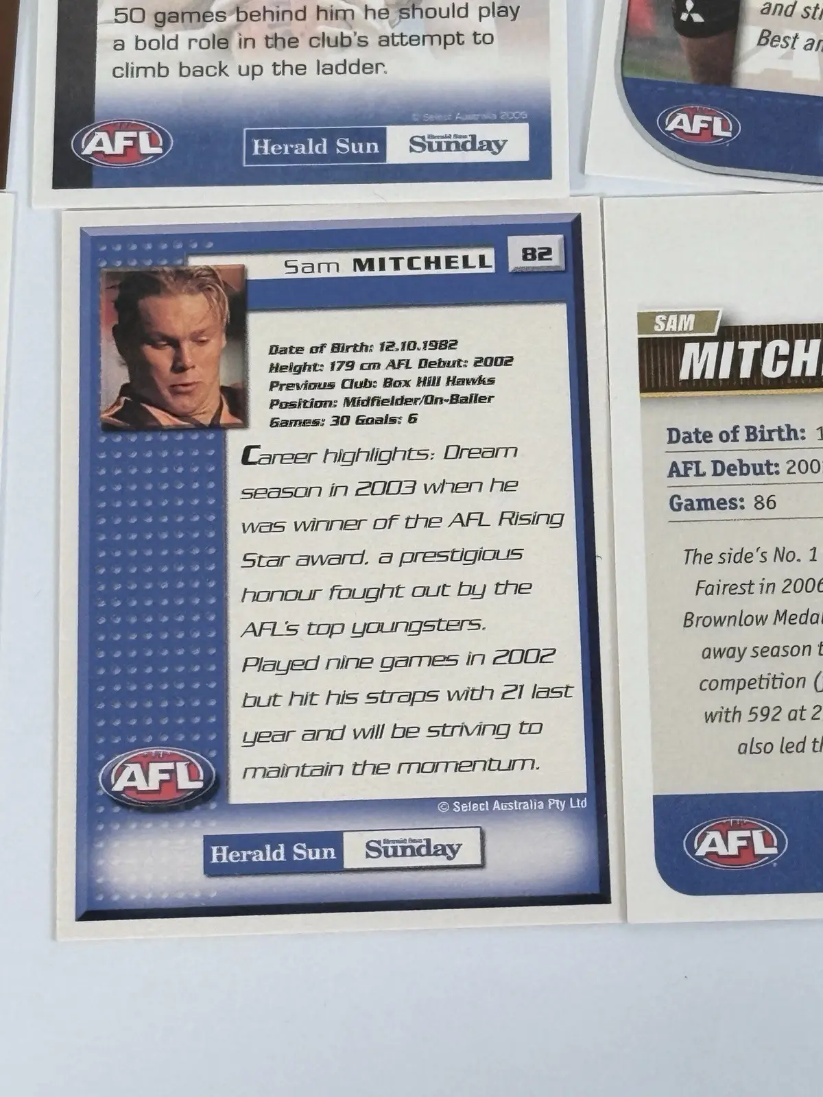 Select Sam Mitchell Hawthorn Hawks AFL 2009 Best & Fairest 6 Card Lot – photo 9